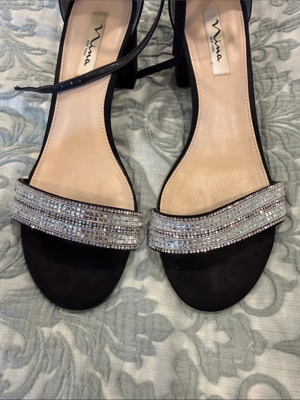Nina Black Ankle-Strap Sandals with Silver Crystal Band
